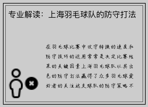 专业解读：上海羽毛球队的防守打法