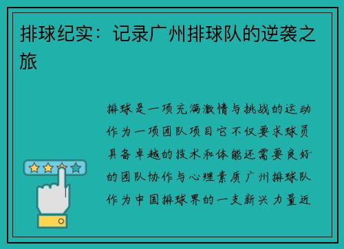 排球纪实：记录广州排球队的逆袭之旅