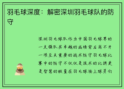 羽毛球深度：解密深圳羽毛球队的防守