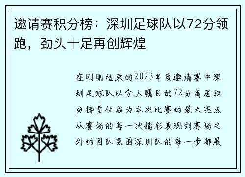 邀请赛积分榜：深圳足球队以72分领跑，劲头十足再创辉煌