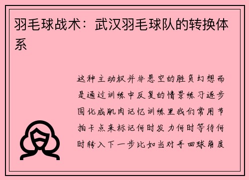 羽毛球战术：武汉羽毛球队的转换体系